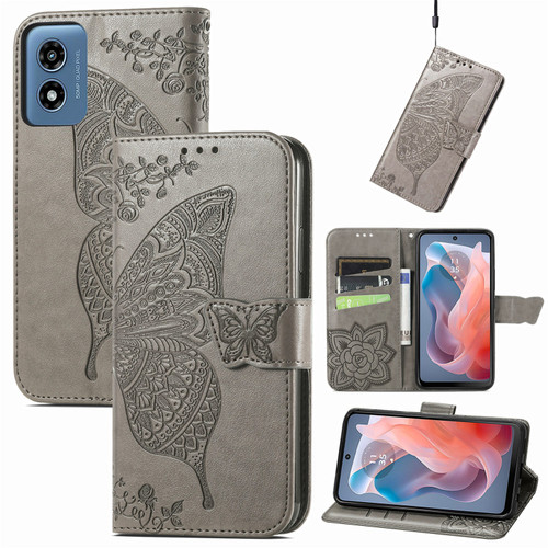 Moto G Play 2024 Butterfly Love Flower Embossed Leather Phone Case - Gray